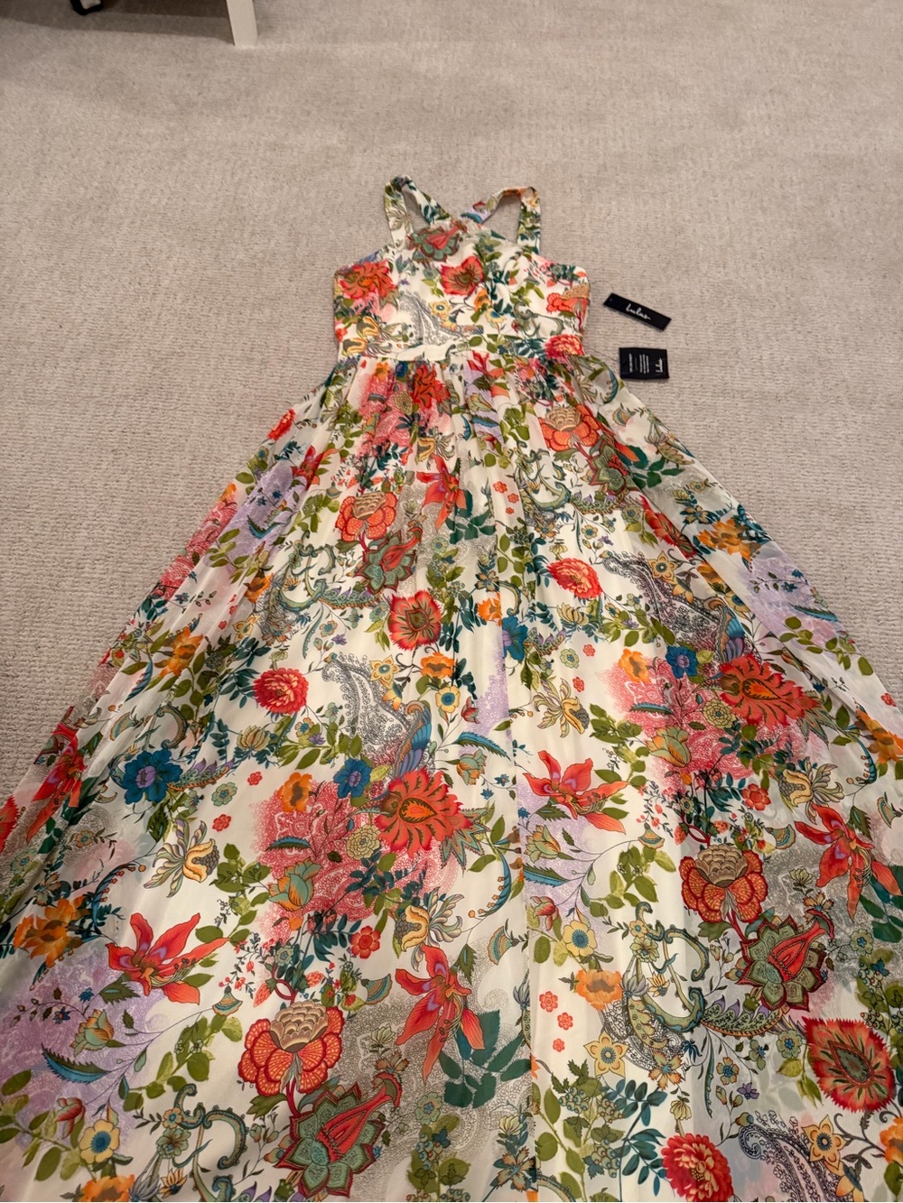 Lulu's Cream Maxi Dress with Pink, Red, Green and Blue Floral Print